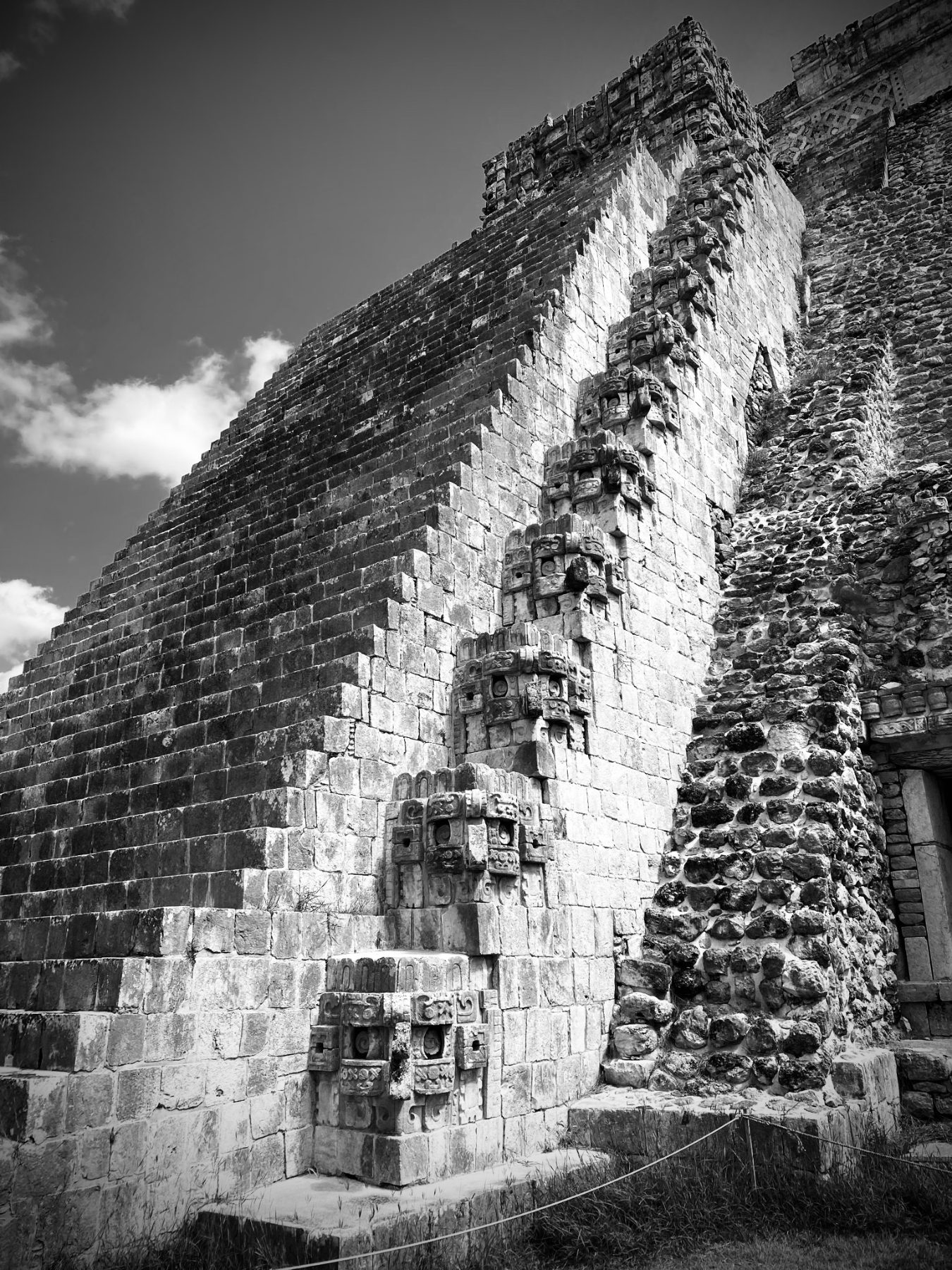 A long Maya stone frieze of geometric lattice and serpent motifs